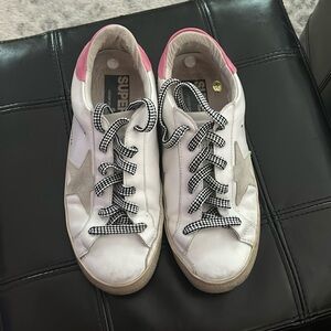 Pink and White Women’s 7.5 Golden Goose with Striped Laces